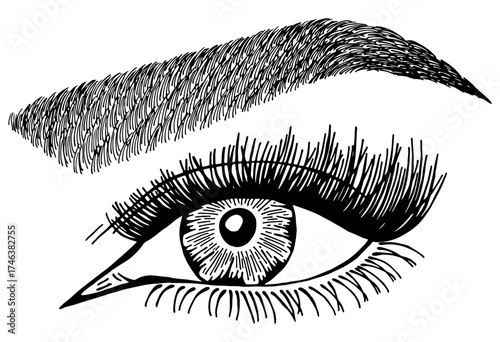 Illustration with woman's eye, eyelashes and eyebrow. Makeup Look. Tattoo design. Logo for brow bar or lash salon.