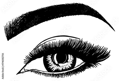 Illustration with woman's eye, eyelashes and eyebrow. Makeup Look. Tattoo design. Logo for brow bar or lash salon.