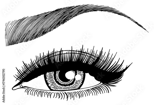Illustration with woman's eye, eyelashes and eyebrow. Makeup Look. Tattoo design. Logo for brow bar or lash salon.