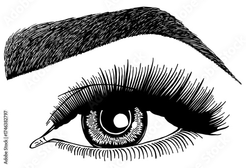Illustration with woman's eye, eyelashes and eyebrow. Makeup Look. Tattoo design. Logo for brow bar or lash salon.