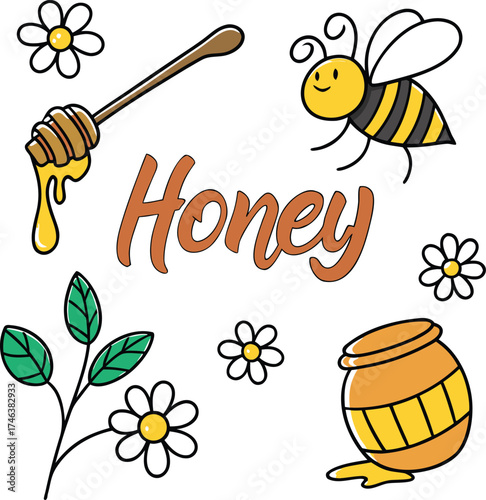 Cute Honey Bee and Flowers Illustration – Sweet Honey Jar and Daisy Clipart Design