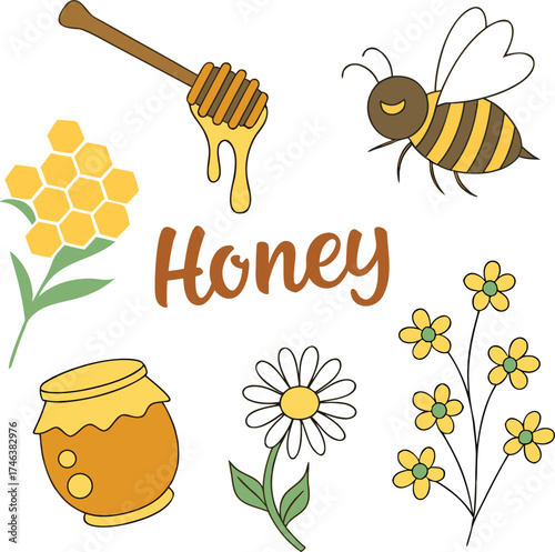 Cute Honey Bee and Flowers Illustration – Sweet Honey Jar and Daisy Clipart Design