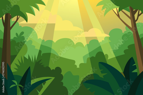 tropical rainforest aerial view sunlight streams illustration