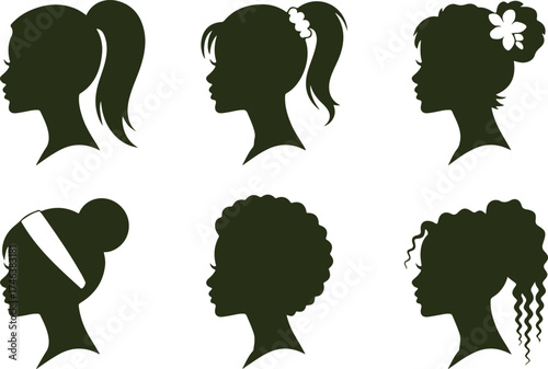 Six female profile silhouettes with diverse hairstyles such as ponytail, bun, afro, braids and floral accessory; minimalist vector illustration symbolizing hair fashion, beauty and diversity.