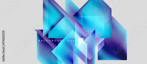 Abstract geometric shapes overlap, creating vibrant blue, purple gradients. Modern design element for backgrounds, presentations.