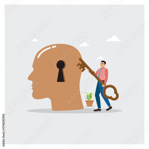 Businessman putting golden big key to unlock potential into human head.