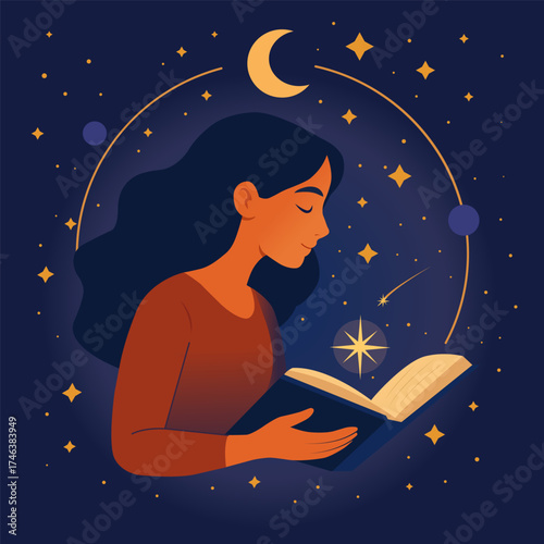 Vector illustration of a girl reading a book under the night sky with stars, moon, and planets. Concept of imagination, dreams, and inspiration through reading and knowledge.