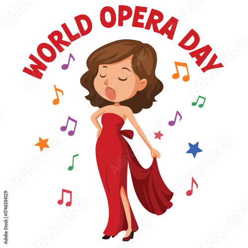 World Opera Day Cartoon – Singing Woman in Red Gown with Musical Notes Illustration