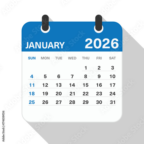 Monthly Calendar for January 2026. Blue Theme on White Background