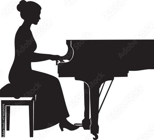 Silhouettes of a Female Musician at Piano with Hands Over Keys