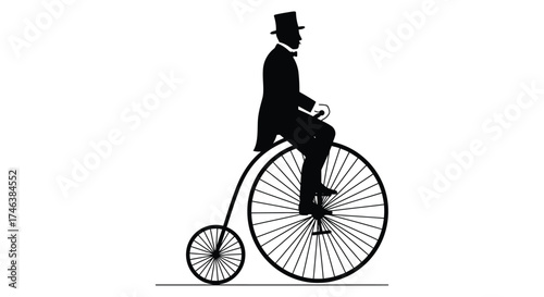 Vintage silhouette gentleman riding classic penny farthing bicycle vintage retro transportation old fashioned cycling style