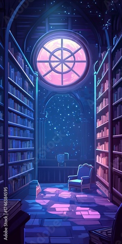 A serene library scene featuring towering bookshelves, a cozy chair, and a luminous window showing a starry night, creating a tranquil and imaginative atmosphere.