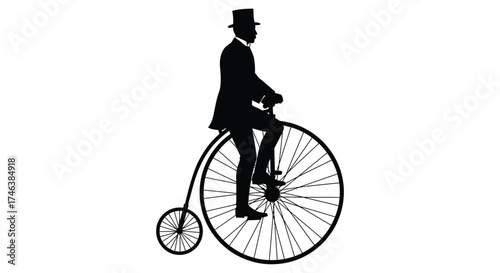 Retro gentleman silhouette riding vintage penny farthing bicycle with top hat classic transportation style