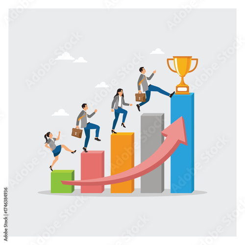 Business people running up on the ascending diagram with an upward arrow towards the trophy.