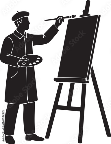 Silhouettes of a Male Artist at Easel with Brush and Smock