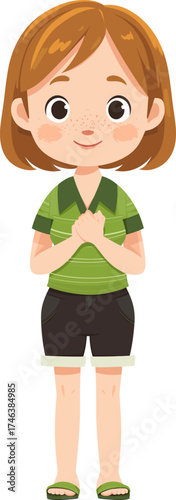 Cheerful child in green outfit standing happily with hands clasped isolated on transparent background. Vector illustration.