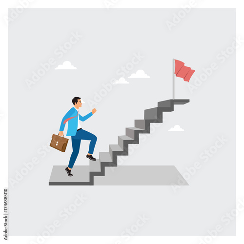 Businessman runs up the stairs to reach the flag to achieve goal.