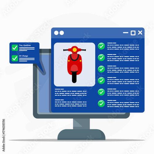 Online scooter maintenance checklist concept. Checking before online buying vehicle. Motorcycle inspection check service, or automotive vehicle diagnostic repair. 