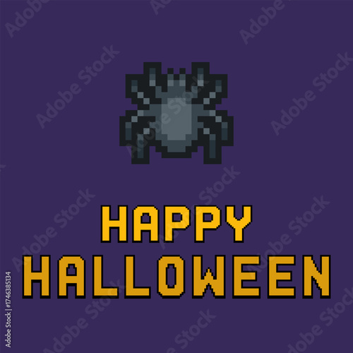 Halloween themed design featuring a pixel style black spider above a bold orange Happy Halloween message. Perfect for Halloween greeting cards, party invitations, posters, kids events and seasonal