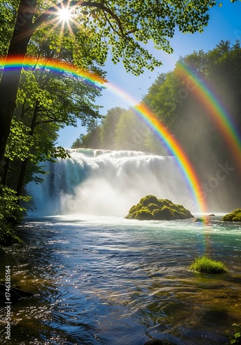 Serene waterfall scenery adorned with vibrant double rainbow arc