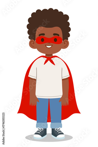 Smiling boy dressed as a superhero with a red cape and mask. Perfect for childrens party invitations, costume themes, school projects and holiday illustrations like Halloween or superhero day.