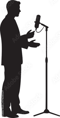 Silhouettes of a Male Journalist Reporting with Microphone