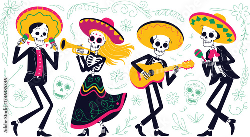 Colorful mariachi skeleton band performing with guitar trumpet and maracas, Day of the Dead celebration illustration, festive Mexican art design