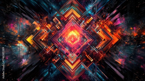 A colorful abstract painting of a starry sky with a large red square in the center. The painting is full of bright colors and has a dreamy, otherworldly feel to it
