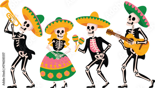 Colorful mariachi skeleton band performing with guitar trumpet and maracas, Day of the Dead celebration illustration, festive Mexican art design