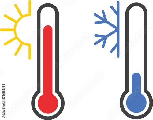 Thermometer icon set with temperature level indicators. Vector symbols for weather apps, websites, UI design. Hot, cold climate gauge. Goal fundraising progress meter icons.