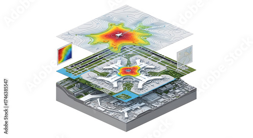Advanced urban planning concept showcasing a layered data analysis and heat map visualization over a futuristic city structure