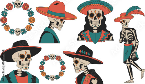 Colorful Mexican skeletons wearing sombreros and traditional costumes, Día de los Muertos celebration illustration, festive skull art, vibrant decoration