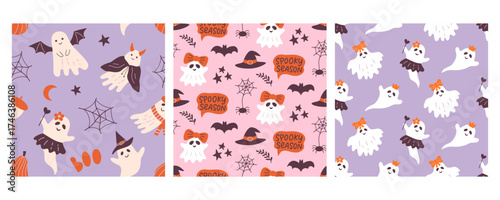 Halloween Cute Girly Ghost Seamless Pattern Set