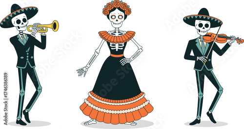 Mariachi skeletons and dancing skeleton woman in traditional Mexican costumes, Day of the Dead celebration illustration, cultural festive art design