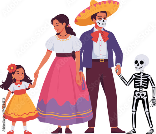 Mexican family celebrating Day of the Dead with child in skeleton costume, traditional clothing, festive paper decorations, cultural illustration art