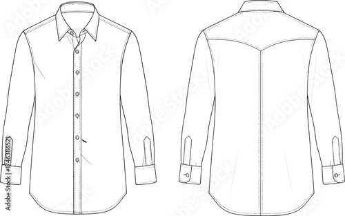 Men’s button-up shirt technical sketch, front and back view, pointed collar, chest pocket, curved hem, fashion flat vector illustration