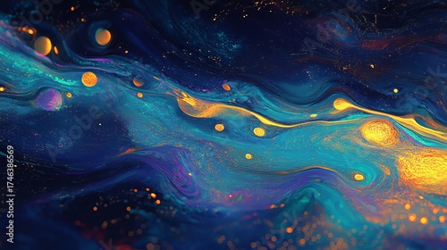 A stunning abstract image featuring vibrant swirls of blue and gold, creating a mesmerizing cosmic landscape. Ideal for creative projects, backgrounds, and wallpapers.