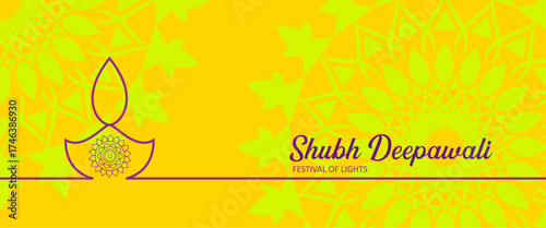 Diwali Festival of Lights Background with Bright Yellow Backdrop, Elegant Mandala Artwork, Glowing Decorative Elements, and Vibrant Indian Celebration Design for Greeting Card or Poster