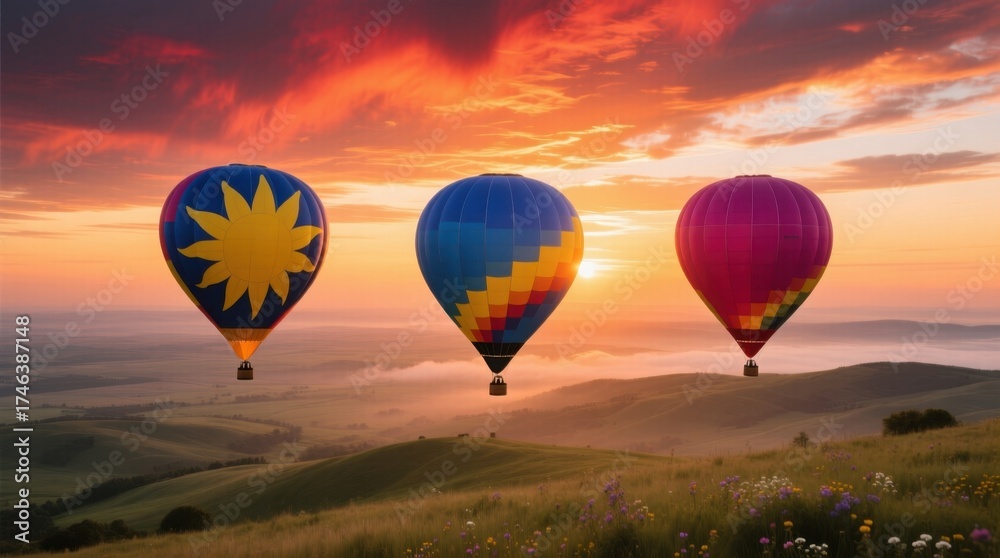 Fototapeta premium Vibrant hot air balloons soar over a picturesque landscape at sunrise, symbolizing adventure and freedom
