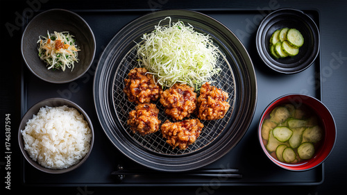 真上構図で黒卓上に配置したから揚げの定食を整然と見せる