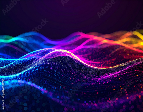 Abstract technology network wall art with glowing multi-color lines and nodes, futuristic digital background for modern décor.