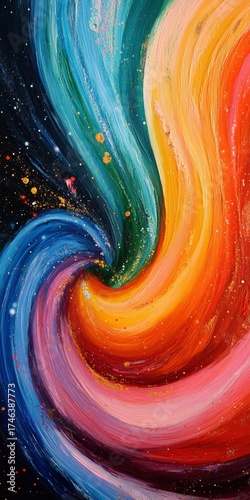 Colorful painting of a spiral with a rainbow of colors. The painting is abstract and has a sense of movement and energy