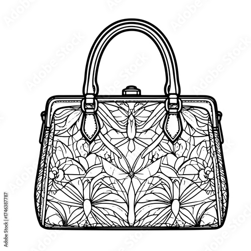 Women's bag, black and white sketch. Vector illustration. Elegant ladies' valise, isolated on a white background.