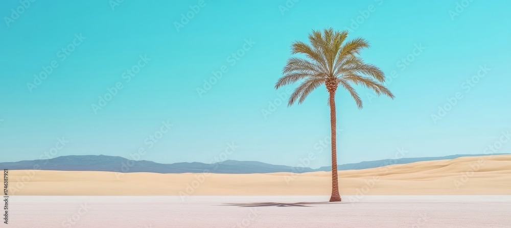 Fototapeta premium Tranquil Desert Oasis at Sunset, Palm Trees Silhouetted Against Colorful Sky, Peaceful Scene.
