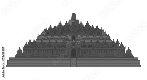 Borobudur Temple Illustration with Stupas and Intricate Stone Carvings.