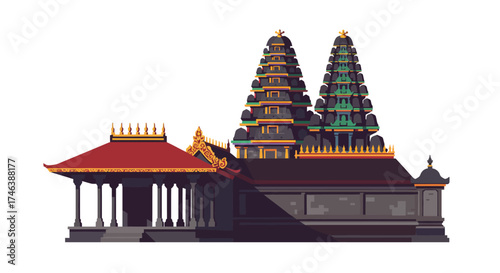 Colorful Vector Illustration of a Traditional Balinese Temple Architecture.