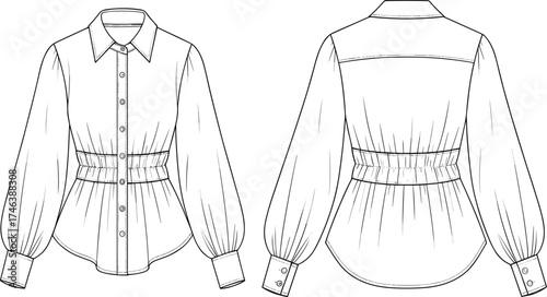 Women's blouse technical sketch, bishop sleeve fashion design, garment flat drawing, apparel construction vector, front back view, CAD illustration