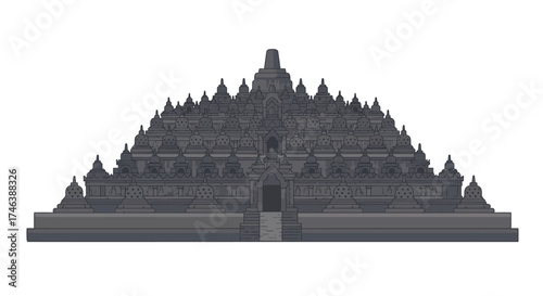 Detailed Illustration of Borobudur Temple with Stupas and Intricate Stone Carvings.