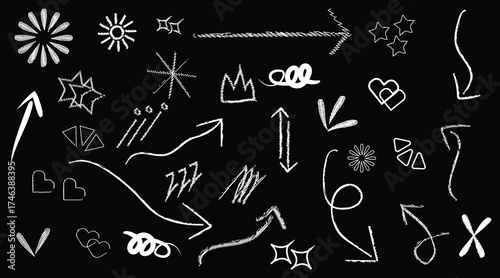Hand drawn doodle arrows hearts stars and sketch symbols on black background illustration, Abstract white doodle shapes collection with arrows stars and hearts for creative design, White chalk doodle 