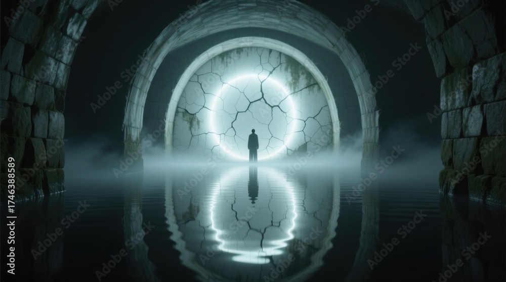 Obraz premium a man standing in the middle of a dark tunnel, illuminated by a light at the end The walls of the tunnel are visible on either side of the man, and the water at th
